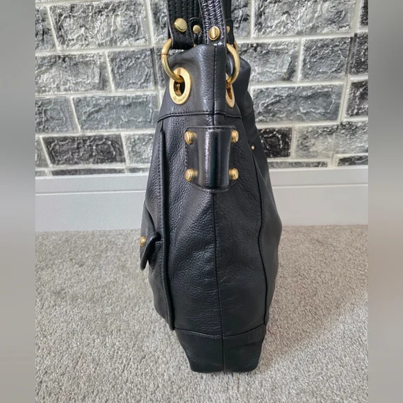 b. makowsky Women's  Black Leather Handbag with Gold Accents - Picture 10 of 13
